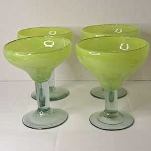 Set of Four Vintage Hand Blown Lime Green Chunky Margarita